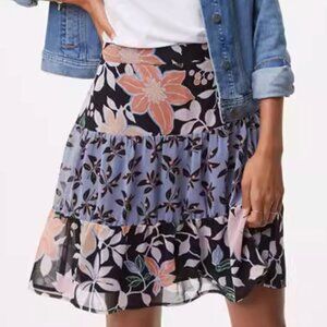 ANN TAYLOR LOFT Tiered Floral Skirt Black Blue ish Cream Short Mini Boho Work 8